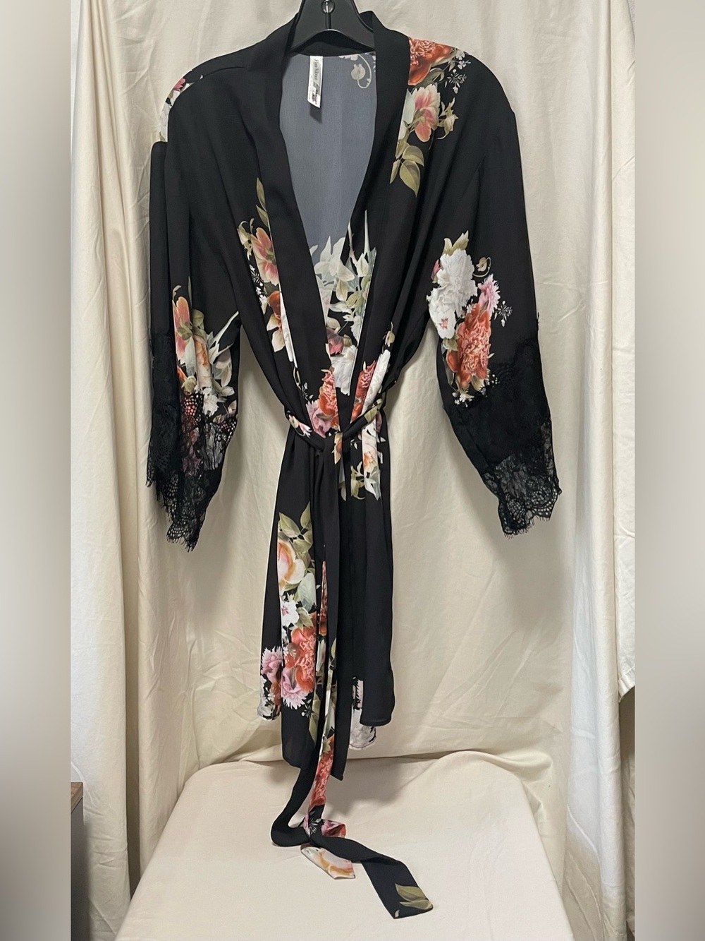 Flora Nikrooz Black Floral Satin Robe with Lace Trim